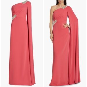 REEM ACRA Embellished One shoulder draped crepe gown crystal maxi Dress